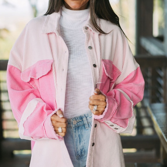 Tops - B138 Delicacy Two-Tone Color Exposed Seam Corduroy Shacket